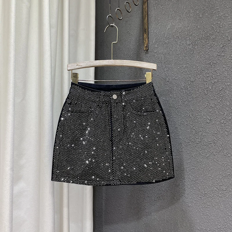 Personality Diamond Splice A-line Denim Skirt for Women's Streetwear High Waist Solid Color Slim Wrap Hip Skirts Female Summer