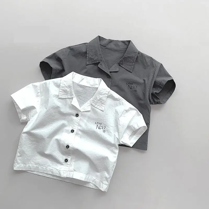 

2024 Summer New Children Short Sleeve Lapel Shirts Cotton Boys Loose Casual Shirts Girls Thin Letter Print Tops Kids Clothes