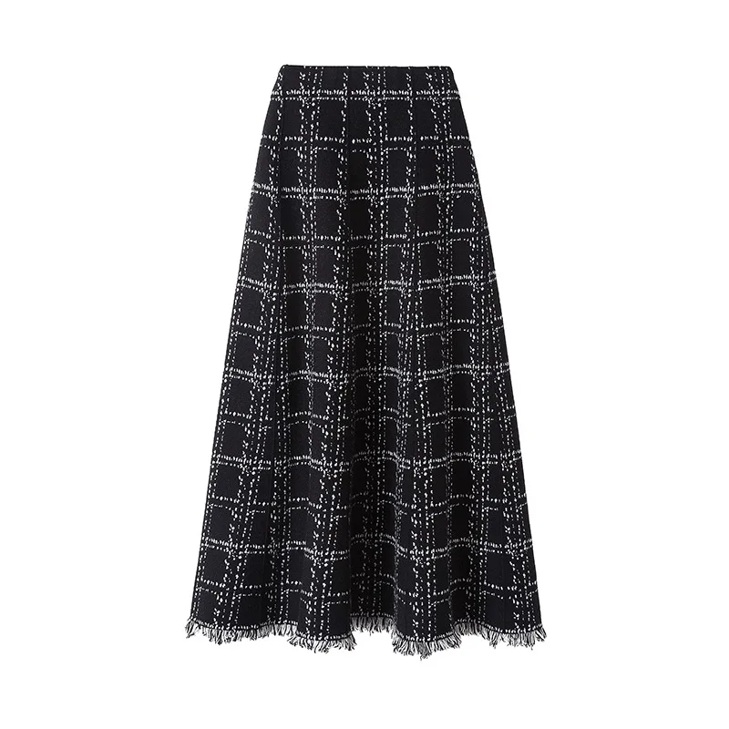 Plaid Women's Season 2020 New High Waist Umbrella Mid-Length over-the-Knee A- line Knitted Dress Long Skirt