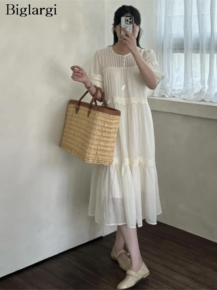 

Женское плиссированное платье средней длины, свободное милое модное платье составного кроя с вышивкой и оборками в Корейском стиле на лето