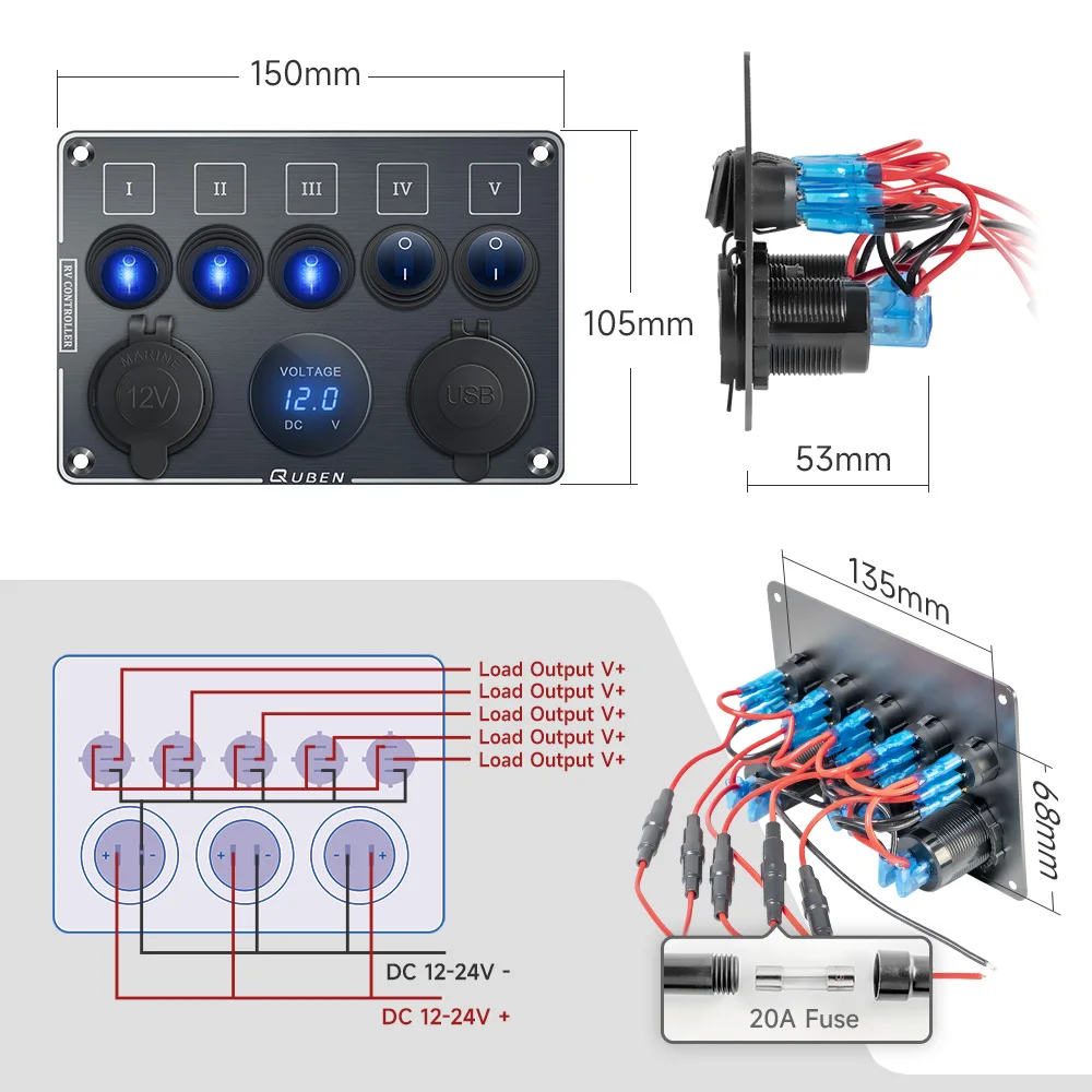 QUBEN 듀얼 USB QC3.0 소켓 충전기, LED 전압계, 토글 스위치, 다기능 패널, RV 요트 자동차 보트 트럭 차량 및 밴용