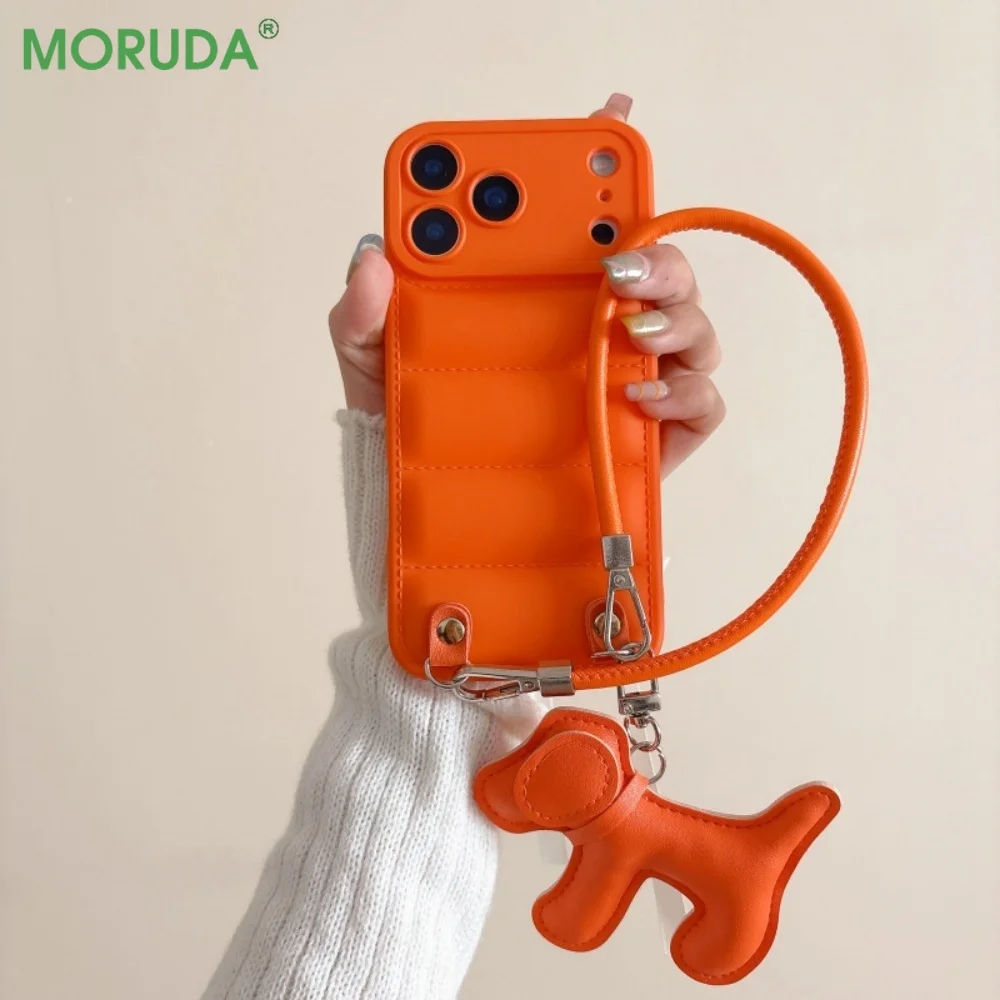 Cartoon Dog PU Leather Lanyard Phone Case with Creative Down Jacket Design