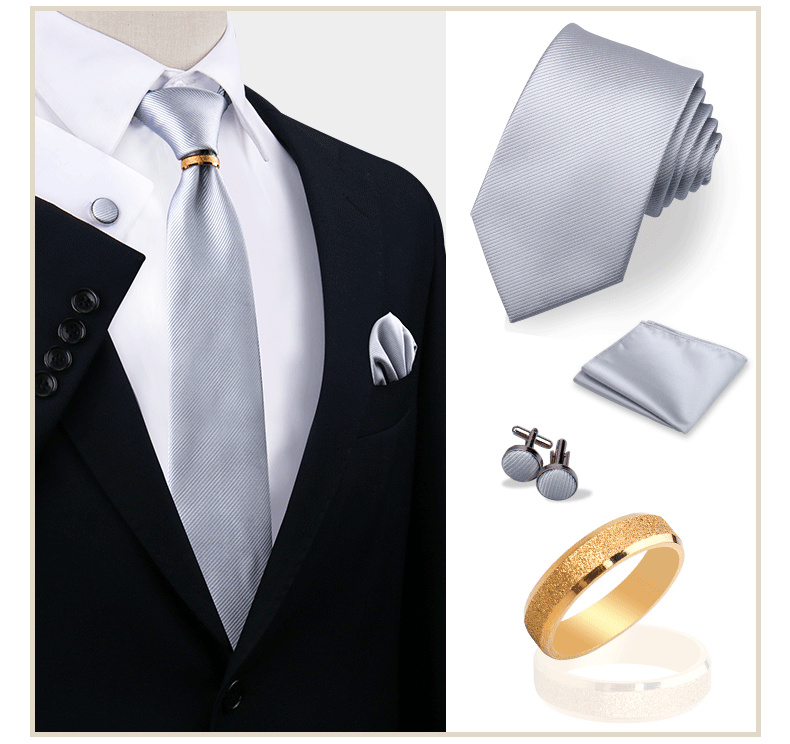 Luxus-Krawattenset in Uni-Farbe für Herren, Krawatte, Taschentuch, Manschettenknöpfe mit goldenem Metallring, Brosche, Anzug, Hochzeit, Herren-Accessoires – Detail 15