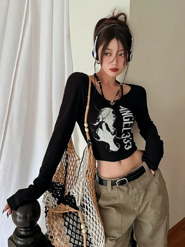 

HOUZHOU Streetwear Vintage Crop Tops Women Harajuku Grunge Slim Fit Tshirts American Retro Aesthetic Letter Printed Tees Female