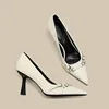 Luxury Brand Designer Women Sandals Fashion Pointed Toe Buckle Strap Metal High Heeled Kitten Heel Elegant Single Shoes Female 6