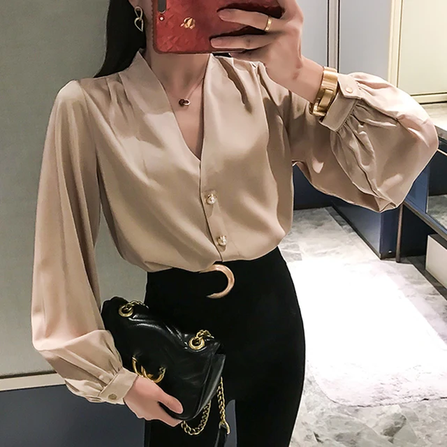 2022 Buttons Casual Satin Long-sleeved Women Shirt V-neck White