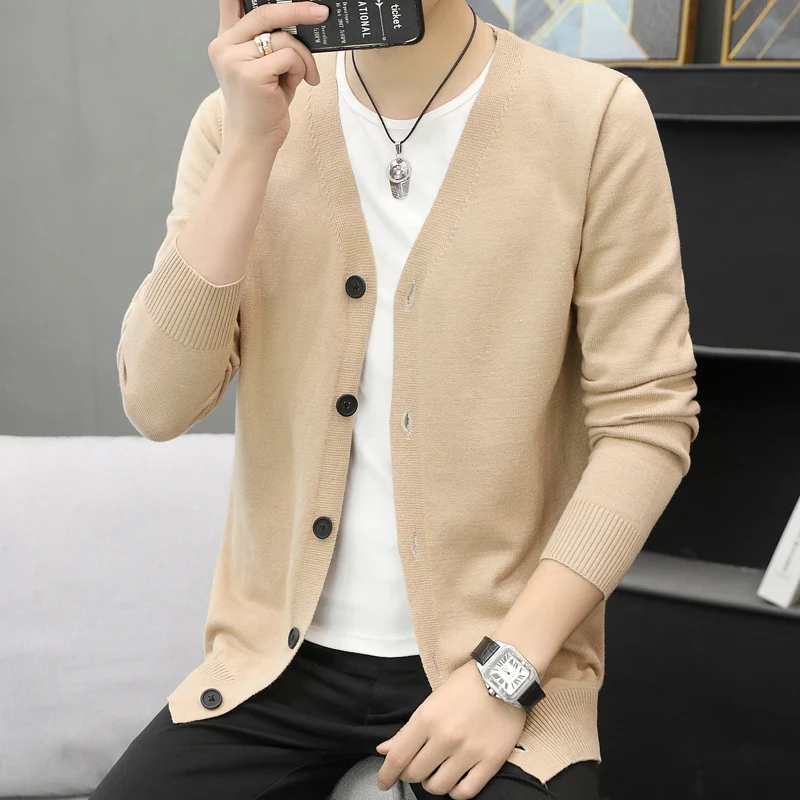 2023 Winter Men's Slim Fit Solid Color V-neck Button Long Sleeved Knitwear Autumn Leisure Commuting Versatile Comfortable Top