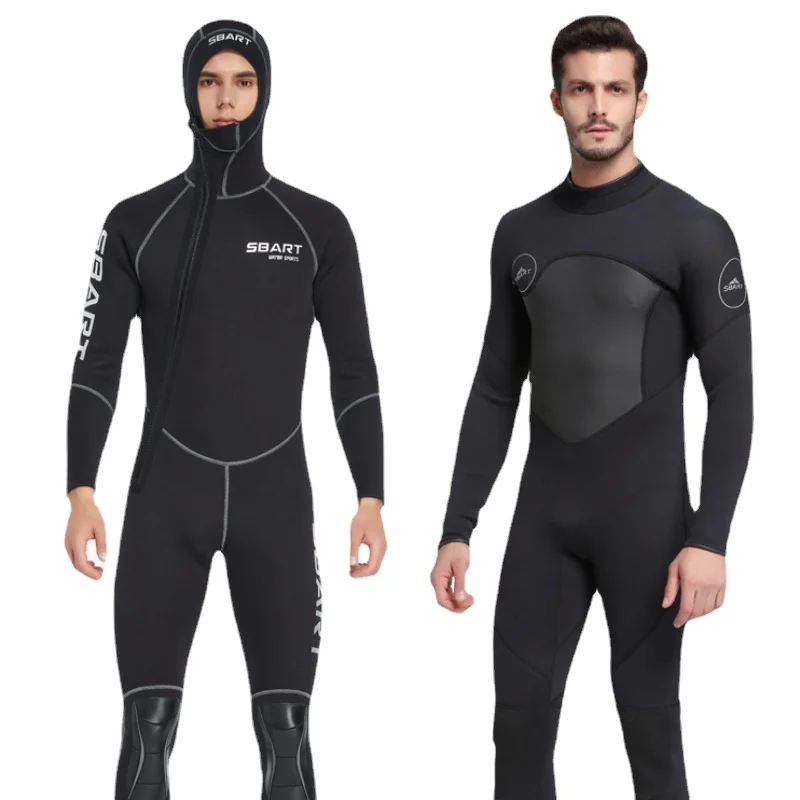 7mm Wetsuit Deep Diving Semi-dry Wetsuit Front Zipper Warm Hood and Fleece One-piece