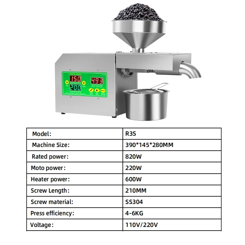 New Press Oil Press Cold Hot Intelligent Temperature Control Stainless Steel Oil Flax Seed Kernel Coconut Meat YX123TB
