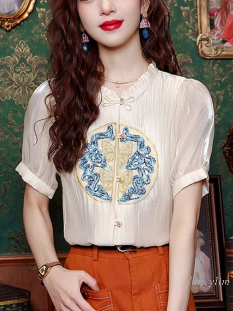 

Summer Short-Sleeved Chiffon Blouse Women's Clothing 2024 New National Style Chic High-Grade Temperament New Chinese Style Top