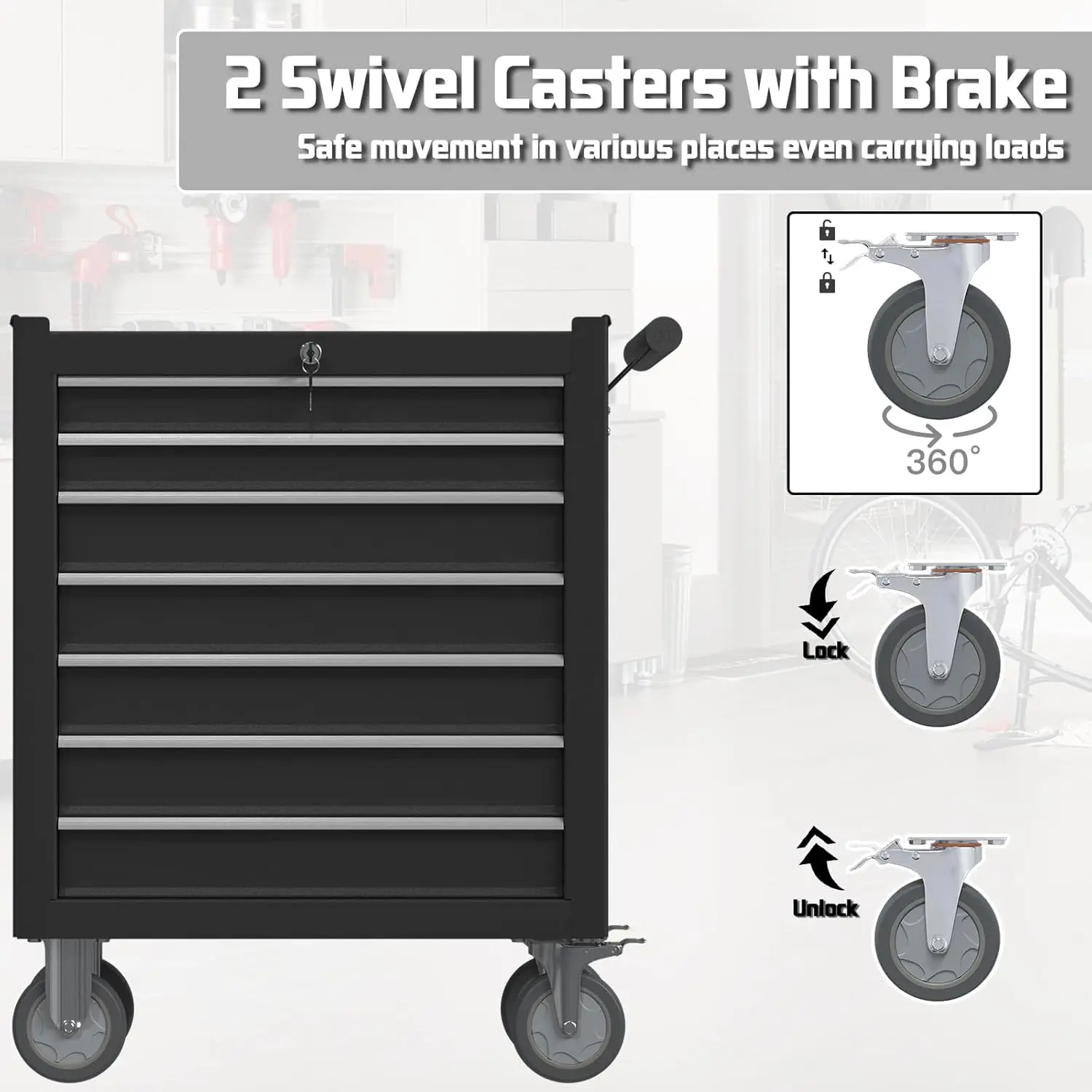Rolling  Chest, Heavy Duty Rolling Box on Wheels, Metal Storage Cabinet with Drawer Liners, Lockable Cart wit 4