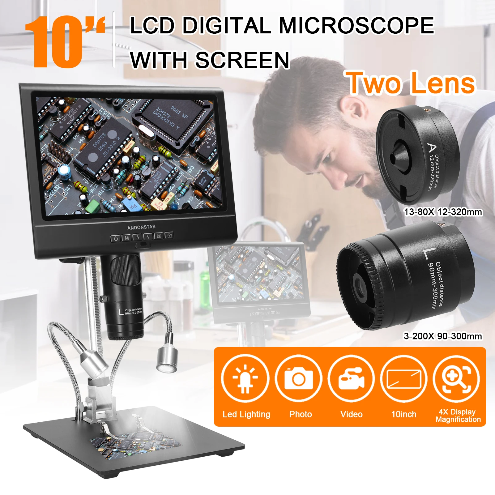 

AD209 Professional Digital Microscope 1080P 10" LCD Display Video Microscope for Soldering Maintenance Workbench with LED Lamp