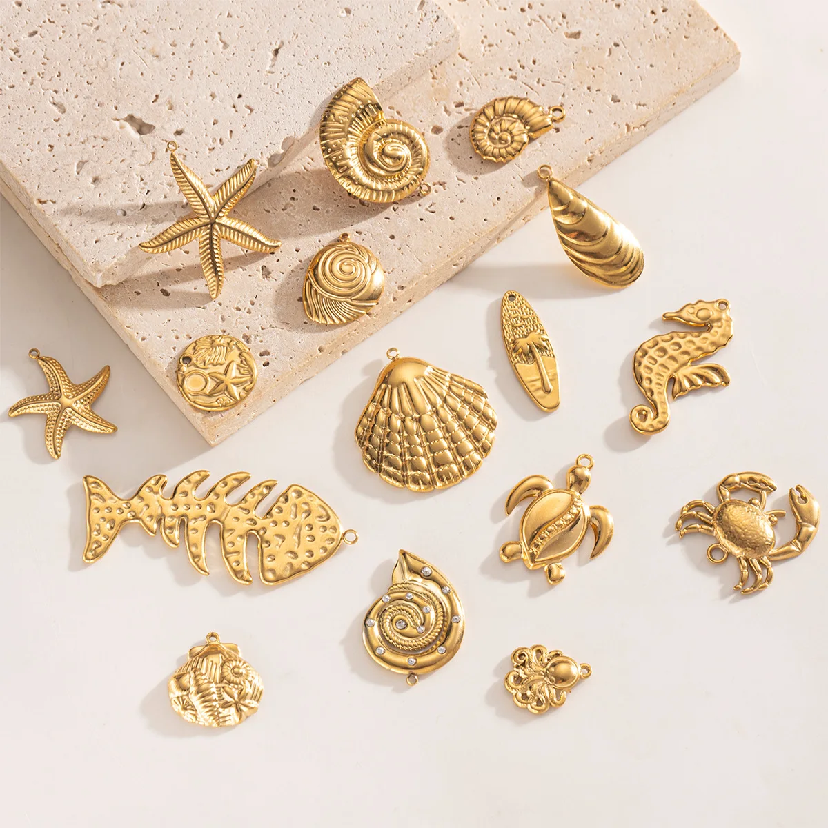 New 18K Gold Plated Ocean Animal Turtle Shell Conch Starfish Diy Charms Making Bulk Stainless Steel Charm Pendant Custom Jewelry