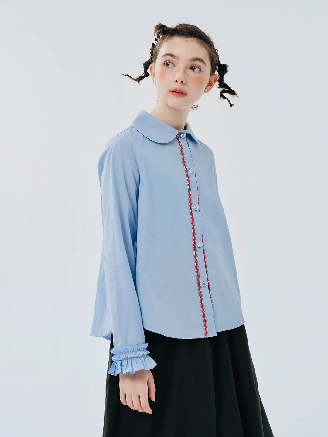 imakokoni 2024 spring new original pure cotton blue round neck long-sleeved shirt for women 244479