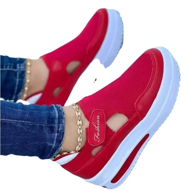 Summer Oversize Fly Woven Breathable Casual Slope Heel Thick Sole Hollow Out  Round Toe Low Top Women's Shoes Sandals sneakers