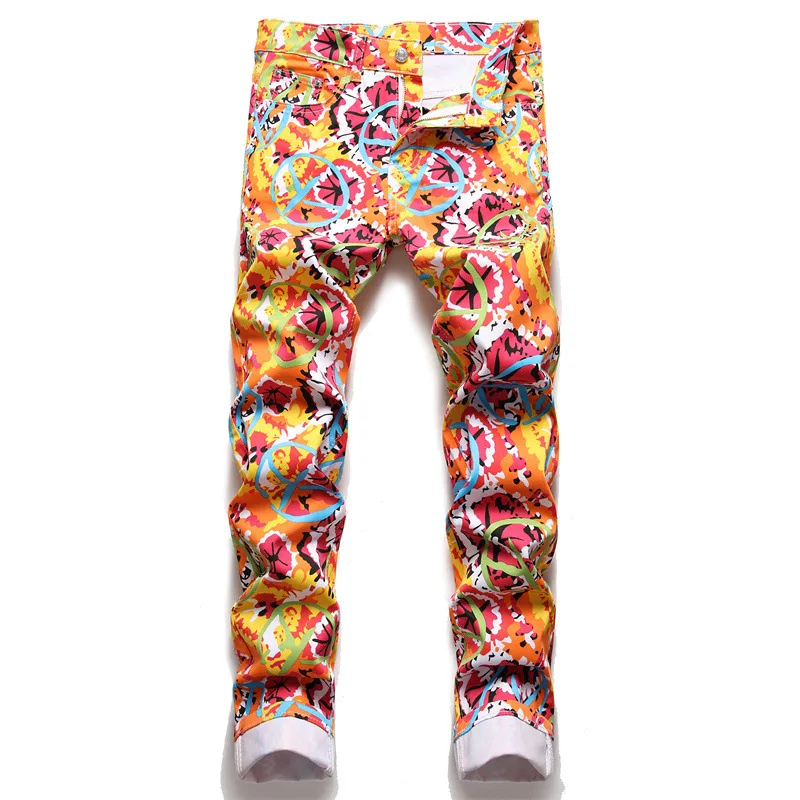 

Mens New Spring Fashion Colored Printed Jeans Men Hip Hop Streetwear Cotton Denim Pants Slim Fit Male Casual Elasticity Trousers