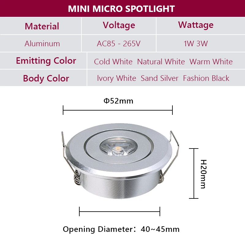 LED 미니 다운라이트, 조도 조절식 스포트 라이트, 오목한 램프, AC85-265V 천장 조명, 알루미늄 52mm, 드라이버 포함, 1W, 3W, 6 개