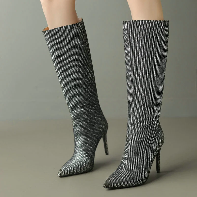 

Silver Gold Women Knee High Boots Pointed Toe Thin High Heel Ladies Calf Boots Microfiber Good Quality Slip on Party Women Boots
