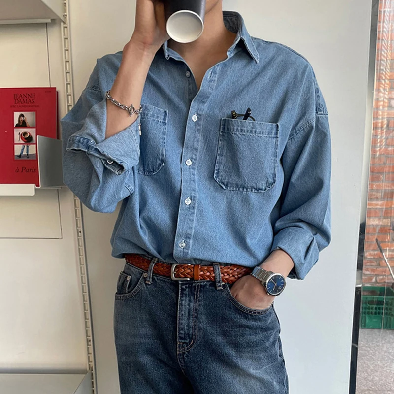 Spring Men's Denim long-sleeved pocket shirt casual Korean turn down button streetwear luxury big size stylish,denim shirt,long sleeved shirt