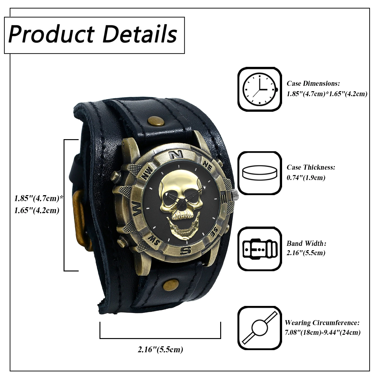 LANCARDO Men's Analog Quartz Watch Halloween Punk Motorcycle Leather Watch Retro Sports Casual Wide Leather Watch Skeleton Decor 6