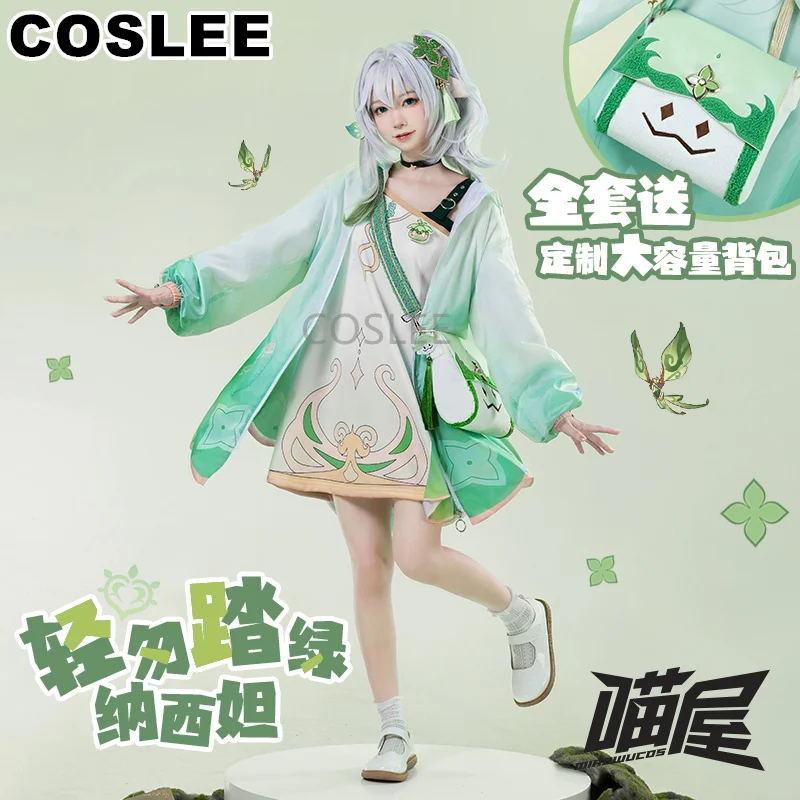 

COSLEE Genshin Impact нахида, костюм для косплея, Поспешная зеленая Милая повседневная одежда, платье, Униформа с сумкой, наряд для вечеринки