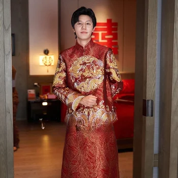 New men's Chinese-style groom's suit dragon and phoenix wedding dress attire