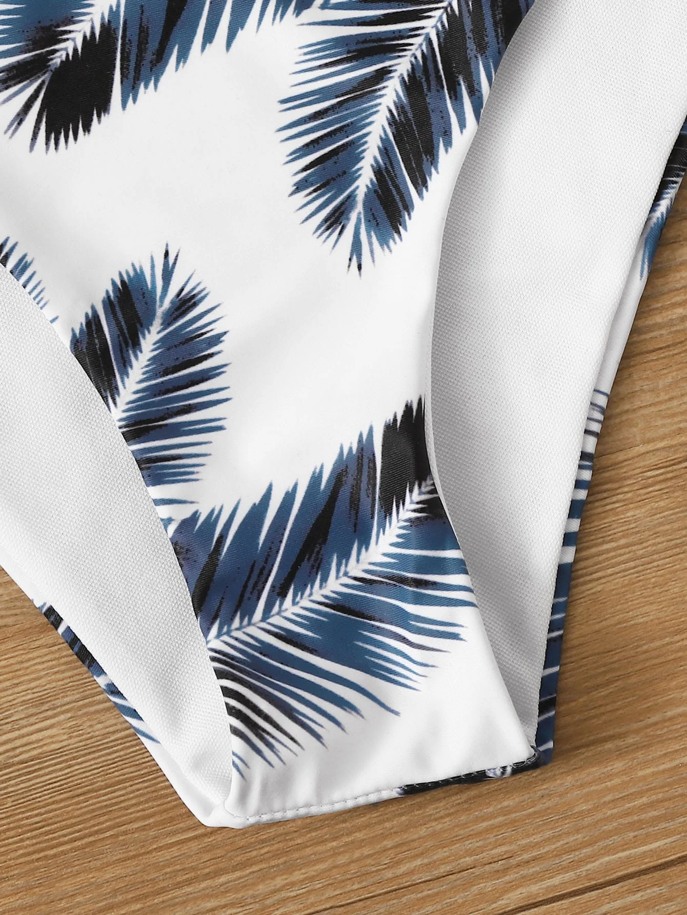 Women's Wrap V Neck Bikini Set - Solid Top & Tropical Palm Print Bottom, Spaghetti Straps High Cut Two Piece Swimsuit for Beach 4