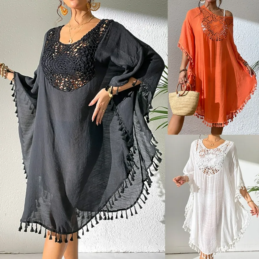 

New2024 Women‘s New Fringe Fishion Half Sleeve Tunic Beach Cover Up Cover-ups Long Beach Dress Beach Wear Beachwear Female Women