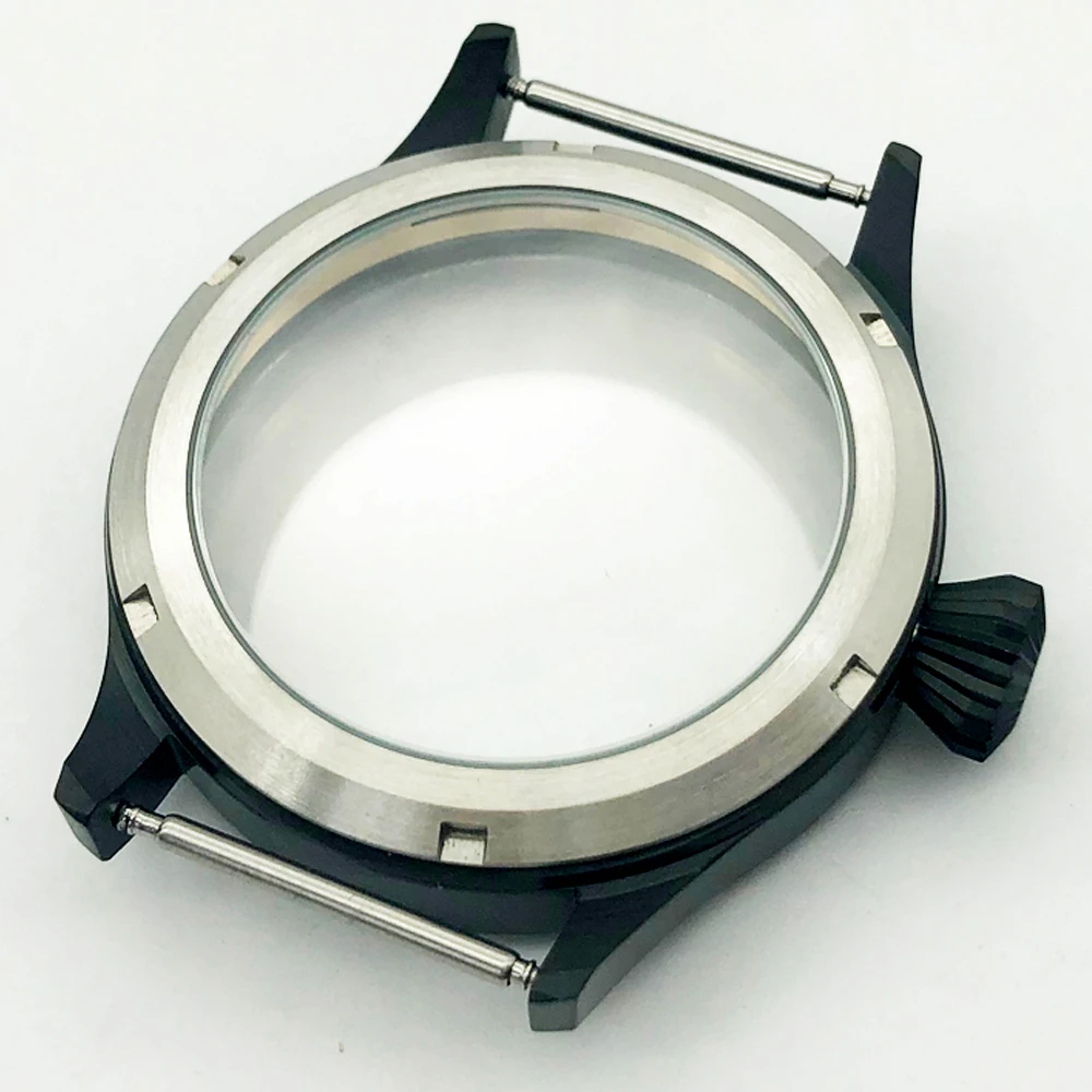 Elegant 43mm Stainless Steel Sapphire Watch Case in Black & Silver Finish