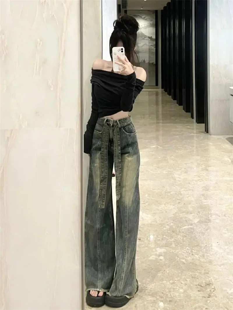 Retro Versatile Fashionable Wide Leg Jeans For Women 2023 New Niche Design Ssensation Straight Tube lLoose Brim Floor Mop Pants