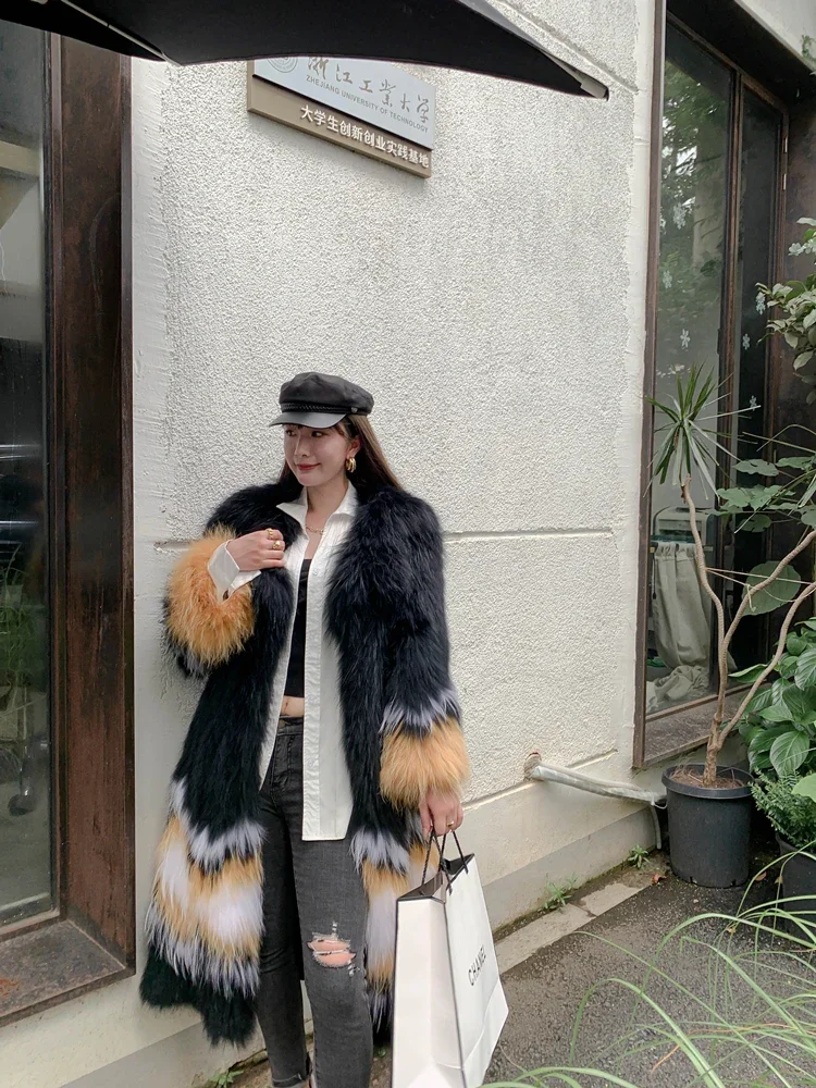 Fox Fur Raccoon Dog Fur Woven Jackets Medium Length Large Lapel Contrast Coat Women Knitted Thick Warm Fur Sexy Club Outerwear