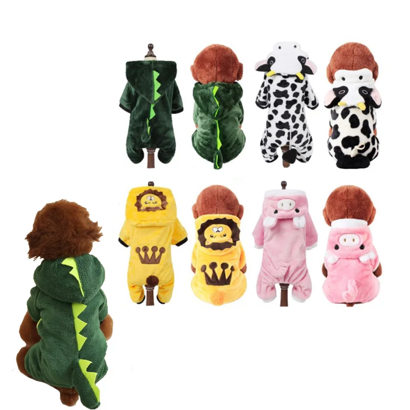 Dinosaur One Piece Dog Clothes Fall Winter Warm Coral Fleece Hoodie Dog 