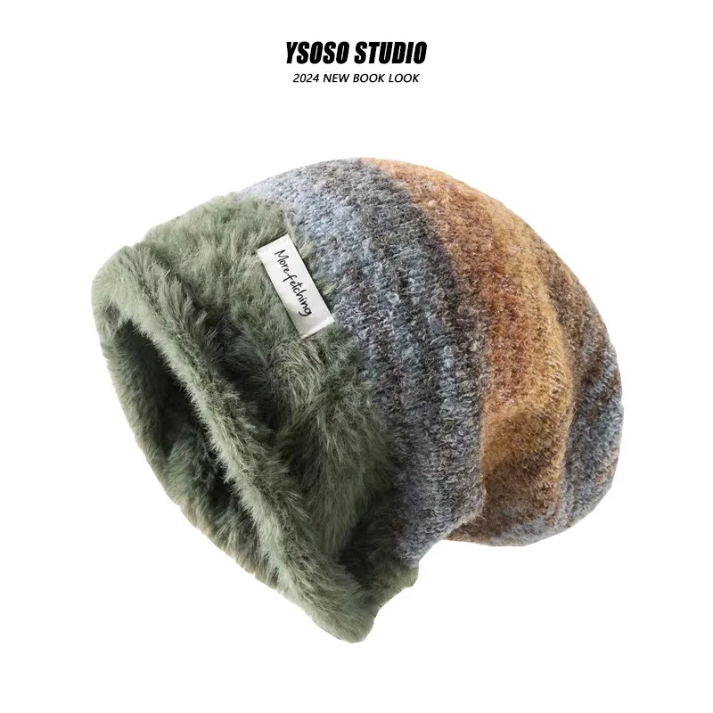 Japanese Color Blocked Pullover Hat Soft Warm Versatile Autumn And Winter Plush Cold Personalized Pile