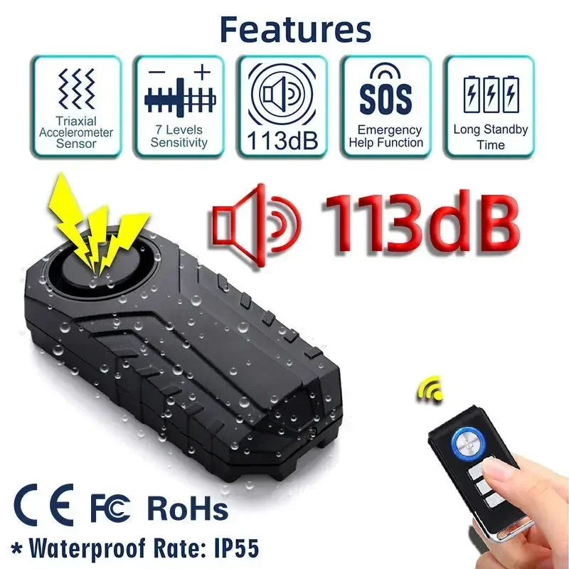 Motorcycle Alarm Wireless Vibration Bicycle Alarm USB Rechargeable Remote Anti-Theft Motobike Security Detector System