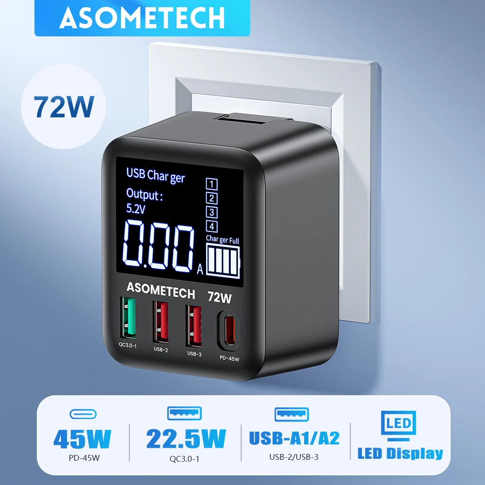 ASOMETECH 72W GaN شاحن USB 4 منافذ مع شاشة LED QC3.0 PD3.0 PPS 45W USB C شاحن سريع آيفون 16 آي باد سامسونج شاومي