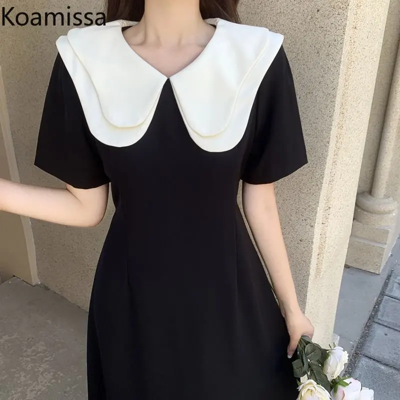 

Koamissa 2023 New Peter Pan Collar Dress for Women Short Sleeve Lady Waist Slim A Line Vestidos Korean Loose Robes Dropshipping