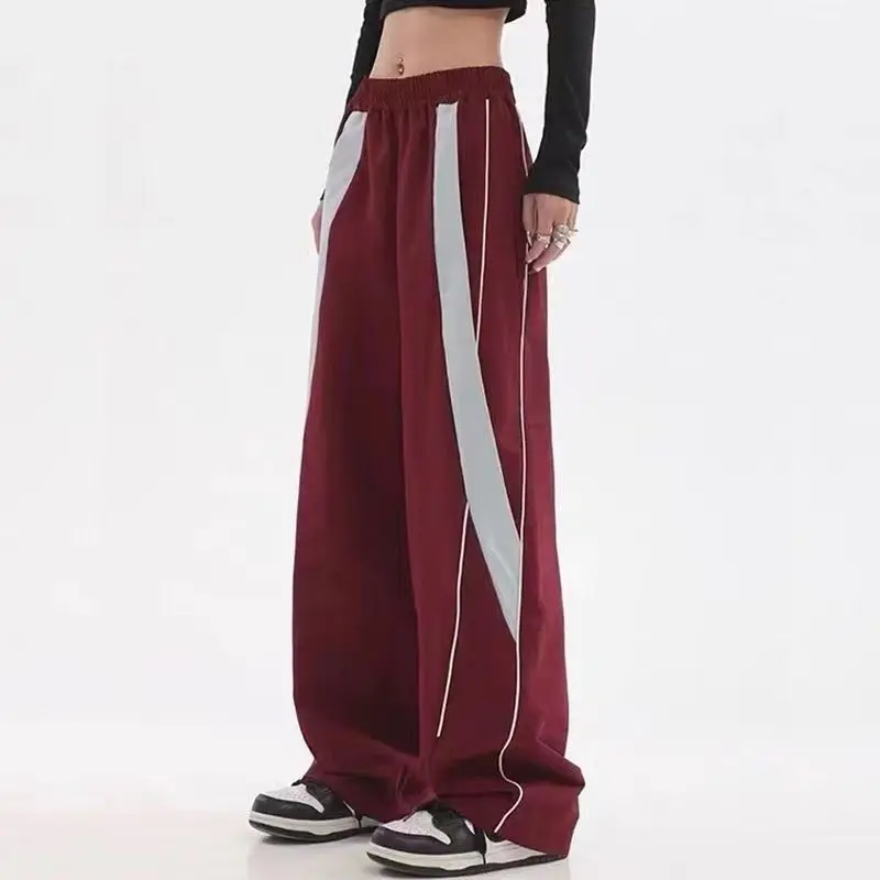 

Vintage Harajuku Hip Hop Red Jogging Sweatpants Women Contrast Color Elastic Waist Oversize Streetwear Casual Sports Trousers