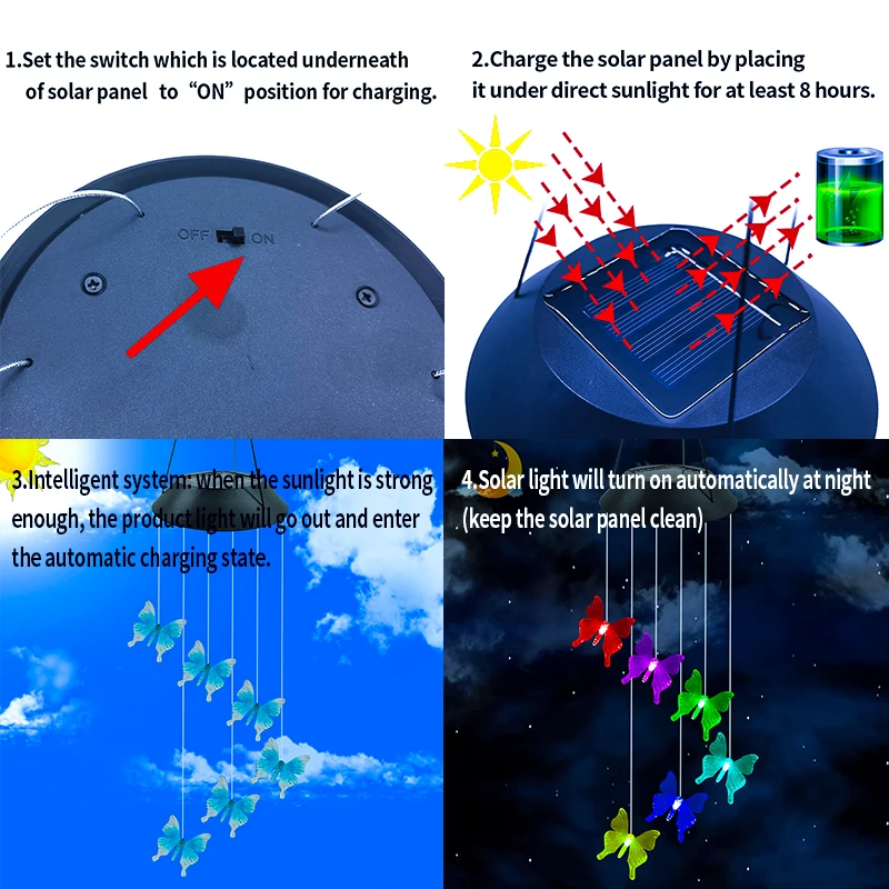 GANGES SA1 Piece 6LED 색상 변경 조명, 태양 나비, 야외 정원 장식 펜던트, 선물 바람 차임등