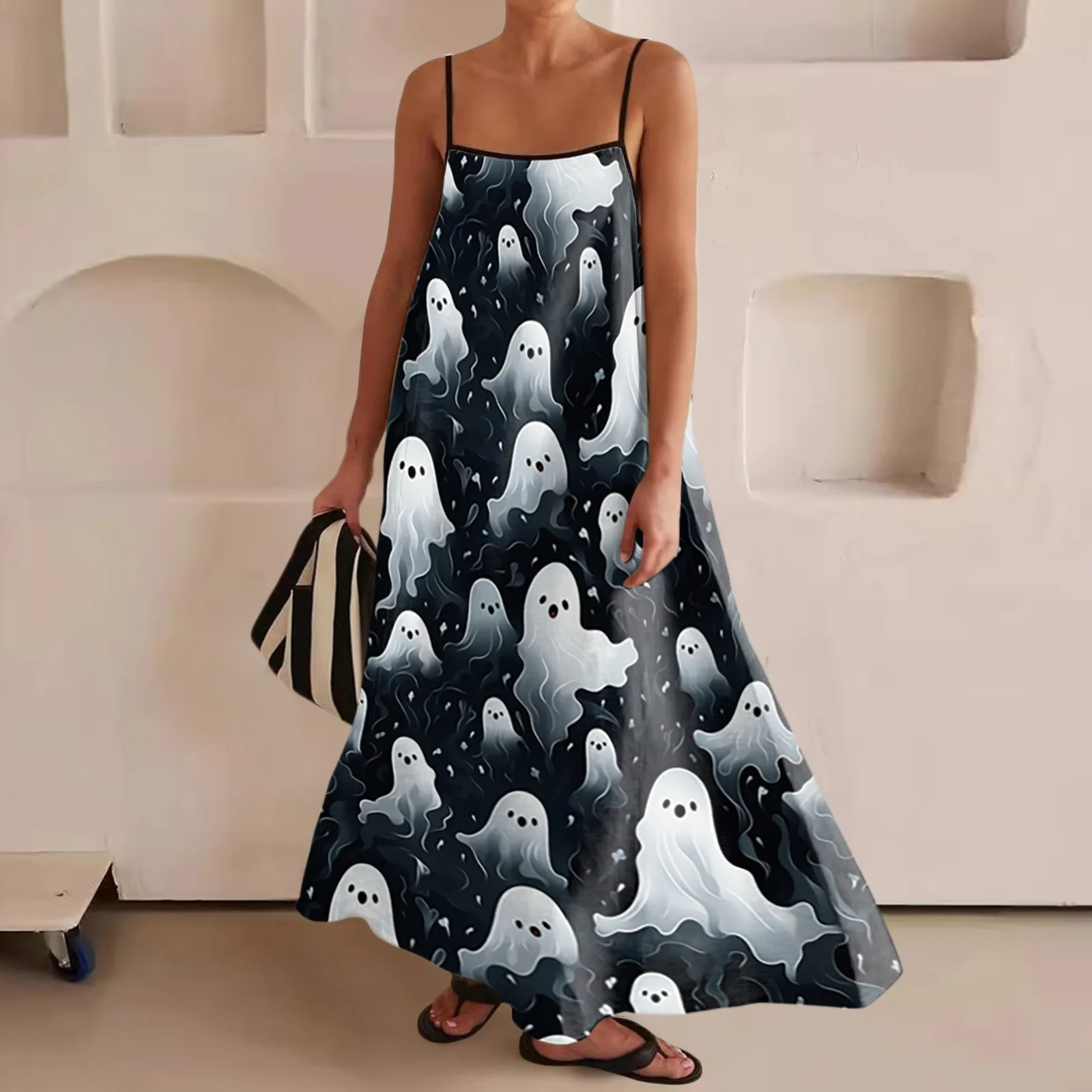 thumbnail image 1 of Vestido largo de moda para mujer con tirantes finos y ribete en contraste, vestidos largos sin mangas para vacaciones, vestidos largos con estampados de Halloween, 1 of 5