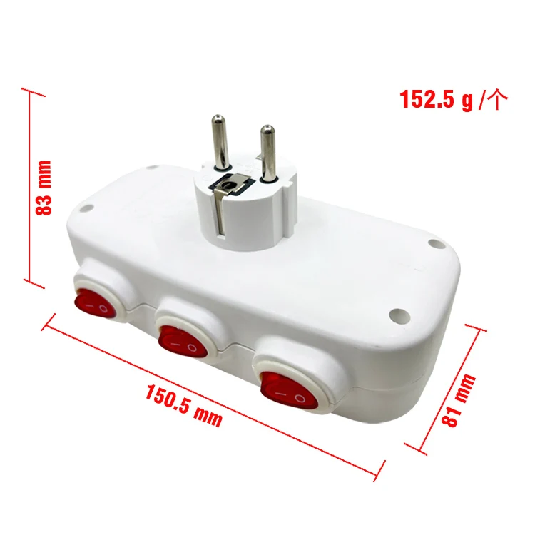 EU Electrical Socket With ON/OFF Switch 1 To 3 Way Germany Standard Extension Plug Adapter