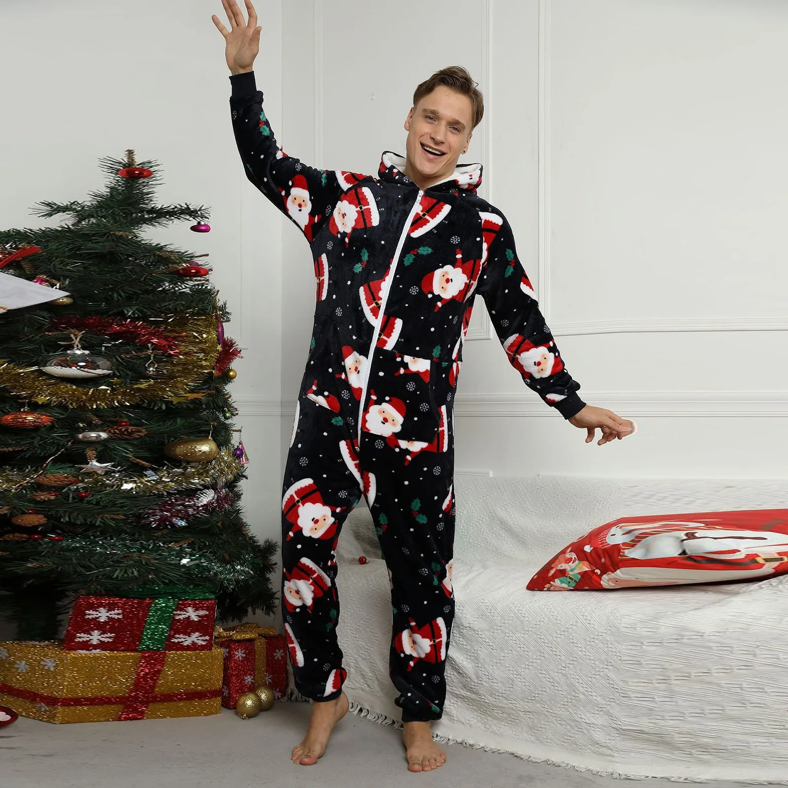 

Christmas Onesies Pajama Adult Jumpsuit Xmas Ugly Santa Claus Print Loungewear Warm Zipper Long Sleeve Sleepwear Costumes