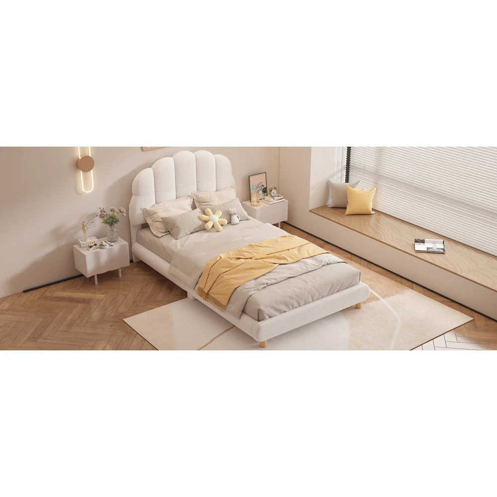90x200cm White Flat Baby Cot Plush Upholstered Toddler Bed with Cute Headboard Kids Single Bed Frame