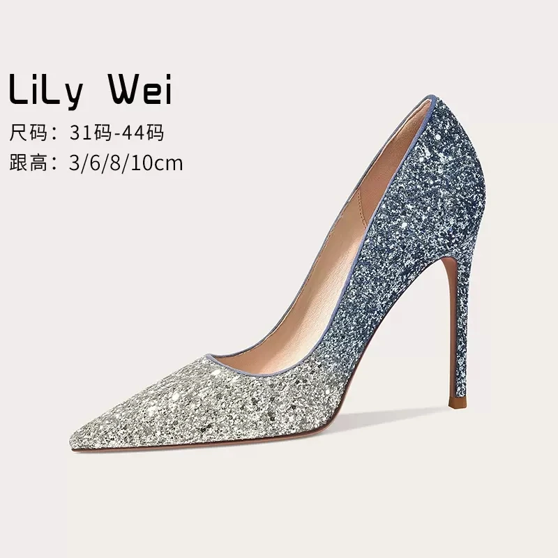 

Spring and summer new pointy sequins contrast leather large single shoes banquet dress versatile small stiletto women's shoes