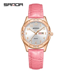 Elegant Vintage Korean Leather Quartz Women's Watch - Waterproof & Luminous Design with Diamond Accents (Pink)
