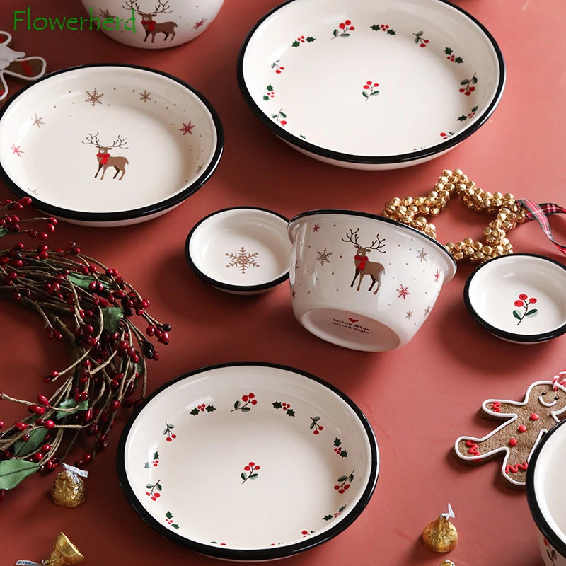 Creatieve Herten Berry Kerst Leuke Servies Huishoudelijke Keramische Enkele Schotel Rijstkom Plaat Schotel Servies Bestek Set| | - AliExpress