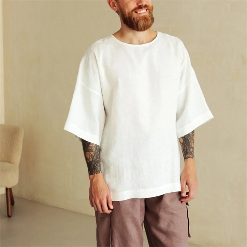 

Men Medieval Vikings Pirate Tops Retro T-Shirts Tunic Slavic Saxon Costume Chinese Style Clothes Casual Linen Loose Shirt Blouse