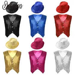 Boys Shiny Sequin Jazz Dance Suit Hip Hop Jacket Waistcoat with Hat Teens Festival Prom Stage Performance Vest Party Costume