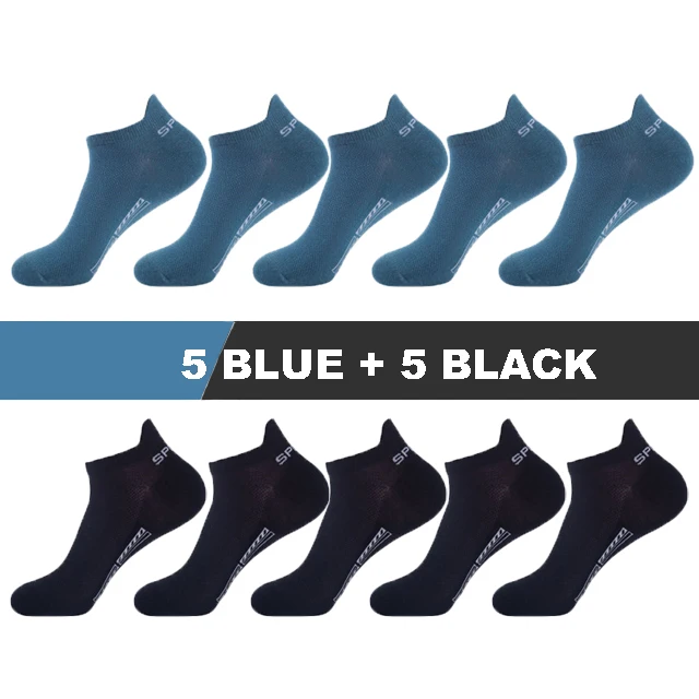 10Pairs/Lot High Quality Men Socks Ankle Breathable Cotton Sports Socks Mesh Casual Athletic Summer Thin Cut Short Sokken Gifts 5 blue 5 black
