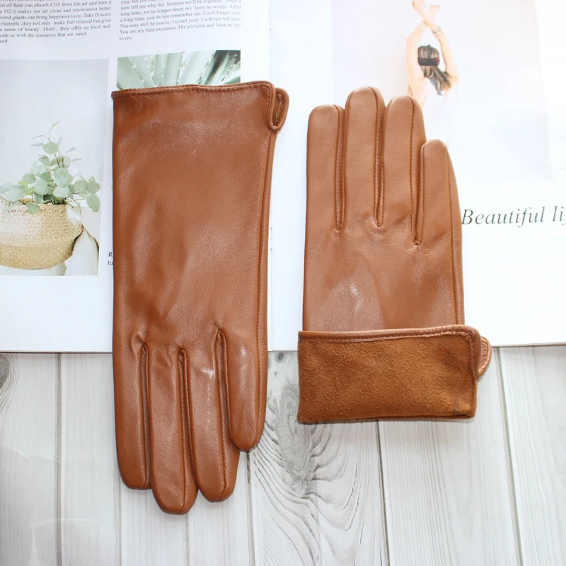 New Leather Gloves Women's Sheepskin Touch Screen Unlined Thin Fashion All-Match Solid Color Riding and Driving Gloves