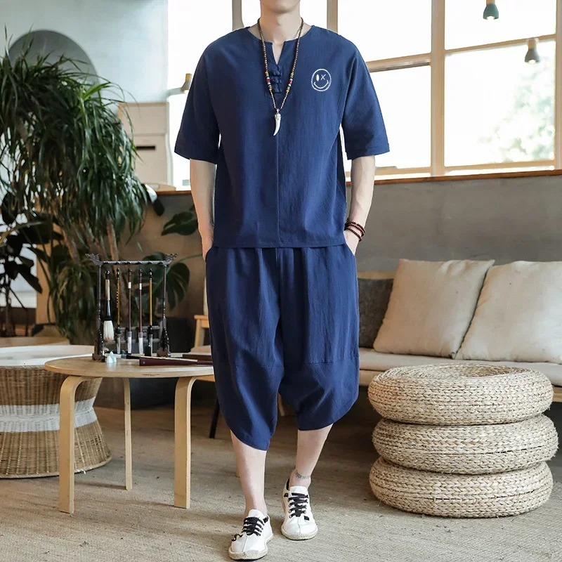 Japanese Style Suits Kimono Short-Sleeved T-shirt Pants Two Piece Men Tops Trousers Male Japan Harajuku Yukata Cardigan Costume japanese kimono cardigan japanese kimono japanese kimono shirt